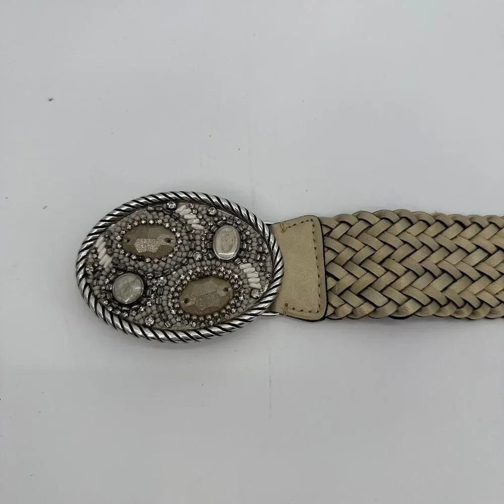 Chicos Gold Metallic Belt Beaded Buckle Braided Leather Hook Closure Boho